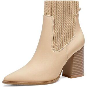 ⚡Women's Light Khaki Ankle Boots Sock Pointed Toe Chunky Stacked High Heel